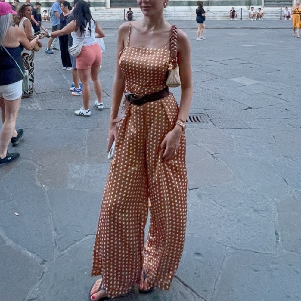 Elegant silky brown Polka Dot Jumpsuit XS